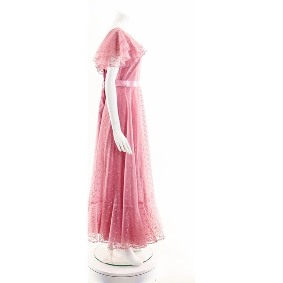 Raspberry Pink Sheer Ruffle Dress,Sheer Lace PInk Gown,60s Gone with the Wind St - Picture 5 of 10